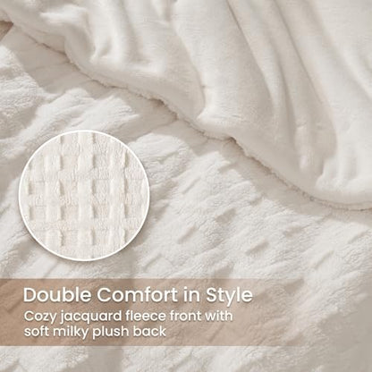 Plush Fleece Comforter Set Queen with Teddy Waffle Textured , Cream White