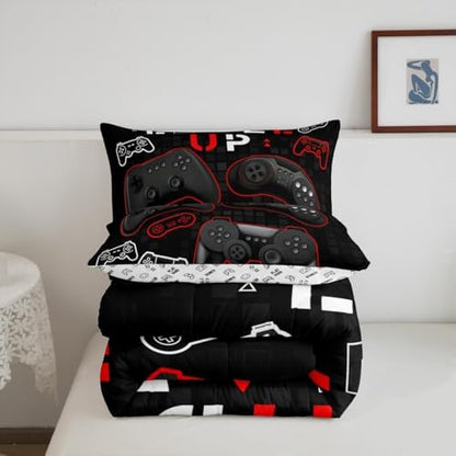 Gamepad Gaming Comforter Set Queen,Video Games Bedding Set 3pcs for Kids Teens Boys Girls Gamer,Gaming Equipment Duvet Insert Colorful Buttons Quilted Duvet Set with 2 Pillowcases,Black Reversible