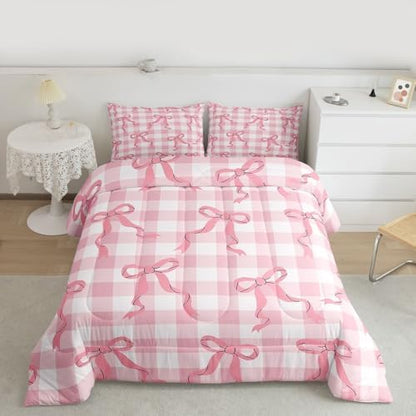 jejeloiu Girls Pink Bow Kids Comforter Set Full Size Bow Bedding Set Cute Bowknot Duvet Quilt for Kids Boys Girls Bedroom Decor Microfiber Ultra Soft Breathable