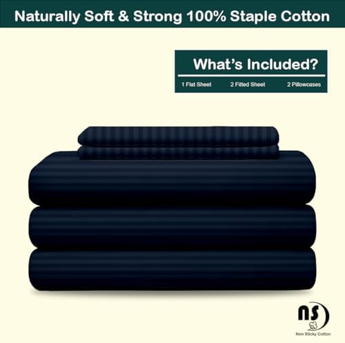 NON Sticky cotton Adjustable Split King Sheet Set for Sleep Number Beds, Premium 100% Long Staple Cotton Bedding, Two Twin XL 39" X 80" Fitted Sheets Fits Up to 18" Deep Mattress, Navy Blue Stripe
