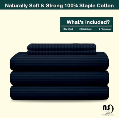 NON Sticky cotton Adjustable Split King Sheet Set for Sleep Number Beds, Premium 100% Long Staple Cotton Bedding, Two Twin XL 39" X 80" Fitted Sheets Fits Up to 18" Deep Mattress, Navy Blue Stripe