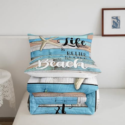 Beach Life Comforter Set King Size,Cute Starfish Bedding Set 3pcs,Rustic Farmhouse Down Comforter for Kids Boys Girls Teens Room Decor,Retro Blue Wooden Plank Bed Set for All Season,2 Pillowcases