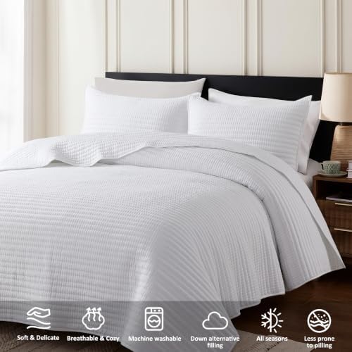 WDCOZY King Size Pick Stitch Quilt Set, 3 Pieces 104x90 inches, White