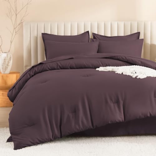 Litanika Plum King Comforter Set with Sheets - 7 Pieces Solid Bed in a Bag
