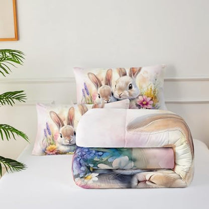 Cute Rabbit King Comforter Set for Kids,Kawaii Bunny Quilt Set for Boys Girls,Rural Farm Animals Fluffy Rabbit Flowers Garden Bed Set,Pink Watercolor Bedding Set for Bedroom Decor