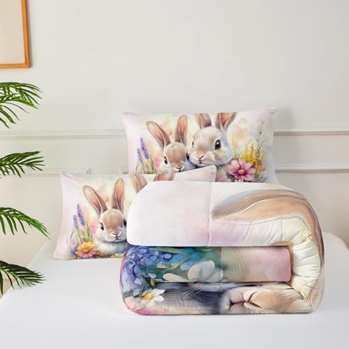 Cute Rabbit Queen Comforter Set for Kids,Kawaii Bunny Quilt Set for Boys Girls,Rural Farm Animals Fluffy Rabbit Flowers Garden Bed Set,Pink Watercolor Bedding Set for Bedroom Decor