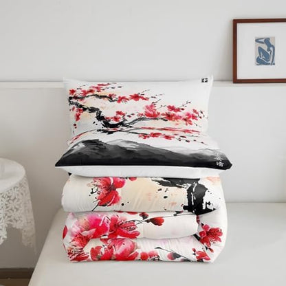 Erosebridal Cherry Blossoms Comforter Set King for Adult Women Ink Painting Black White Down Comforter Red Cherry Blossoms Quilted Duvet Romantic Theme Bedding Duvet with 2 Pillowcases