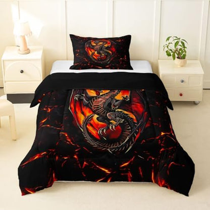 Feelyou Dragon Comforter Set Toddler Size Wild Life Bedding Set for Kids Boys Girls Jungle Dragon Duvet Quilt Black Red Bedroom Decor Microfiber 2 Pcs with 1 Pillow Cases