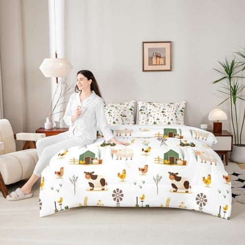 Erosebridal Farm Animal Twin Comforter Set 7 Piece for Kids Boys Girls Chickens Sheep Cow Bed in A Bag with Sheets Rustic Farmhouse Windmill Bedding Set Cartoon Tractor Barn Bed Set