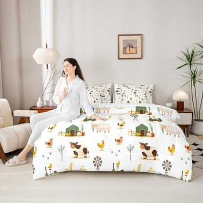 Erosebridal Farm Animal Full Comforter Set 7 Piece for Kids Boys Girls Chickens Sheep Cow Bed in A Bag with Sheets Rustic Farmhouse Windmill Bedding Set Cartoon Tractor Barn Bed Set