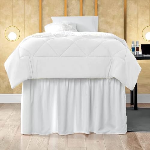 Mattress-Homes Dorm Bed Skirt Twin XL 42 Inch Drop College Beds Twin Extra Long White Microfiber Ruffled Tailored with Split Corners Wrap Around Dust Ruffle for Lofted College Beds