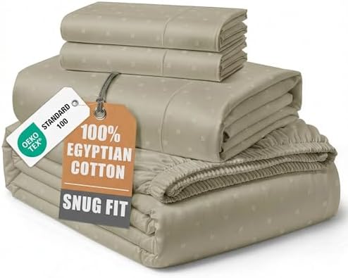 LANE LINEN King Size 100% Egyptian Cotton Sheets Sateen - Linen Swiss Dot