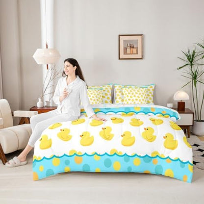Erosebridal Blue and Yellow Duck King Bedding Set 7 Piece Lovely Duck Lovers Bed in A Bag with Sheets Cartoon Rustic Country Comforter Set for Kids Adults,Wild Duck Animals Bed Sets