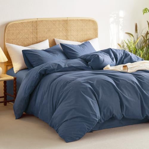 Wake In Cloud - Cotton Duvet Cover Set, 100% Washed Cotton, Linen Like Textured, Breathable Durable Comfy Farmhouse Neutral Bedding Set, 3 Pieces, Dark Blue, Full Size