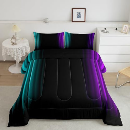 Feelyou Teens Abstract Ombre Decorations Bedding Set for Kids Women Teal Purple and Black Comforter Set Geometric Modern Quilt Set Room 3Pcs Full Size