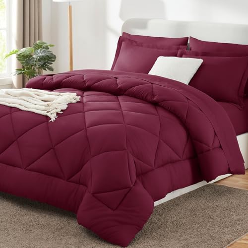 CozyLux Full Comforter Set 82"x86" Burgundy - 7 Piece Bed in a Bag