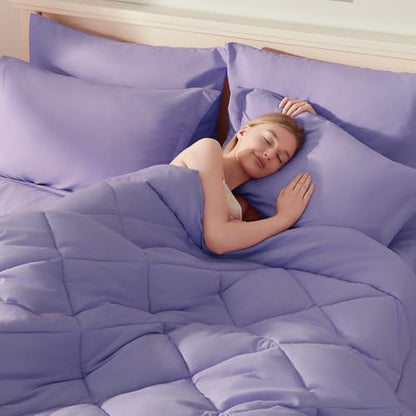 ELNIDO QUEEN® Full Comforter Set Light Purple, 7 Pieces Bed in a Bag Full Size, Bed Set for All Seasons, Lavender Bedding Sets with Comforter, Flat Sheet, Fitted Sheet, Pillowcases and Pillow Shams