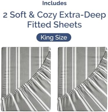 CGK Linens 2 Pack Extra Deep King Fitted Sheets - Grey Stripes