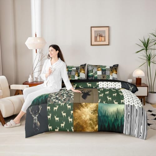 Feelyou Deer Hunting Comforter Set King Size 7 Pieces Camouflage Bedding Set for Kids Boys Girls Rustic Plaid Bed in a Bag with Comforter, Sheets, Pillowcases, Cushion Covers Lightweight