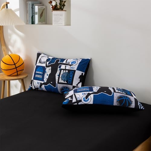 Aimuan Basketball Bedding Set for Boys Kids Teens, Soft Black and Blue Sports Geometric Grid Patchwork Theme Basketball Bedding Sets Full Size, Blue