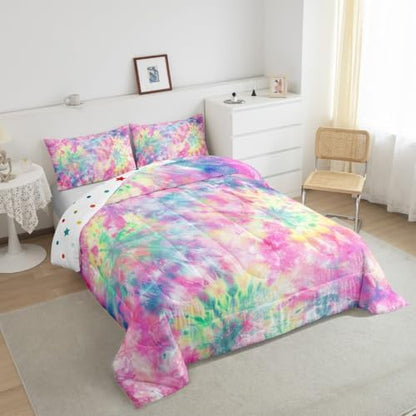 Erosebridal Kids Tie Dye Comforter Set, Bohemian Batik Down Comforter Queen Size, Boho Psychedelic Bedding for Children Girls Boys Teens Bedroom, Trippy Tattoo Watercolor Quilted Duvet