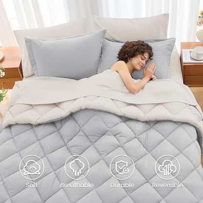 MUXHOMO 7 Pieces Oversized King Comforter Set, Reversible Bed in a Bag Oversized King Size, All Season Bedding Set with Comforter, Flat Sheet, Fitted Sheet, Pillowcases & Shams, Light Grey & Beige