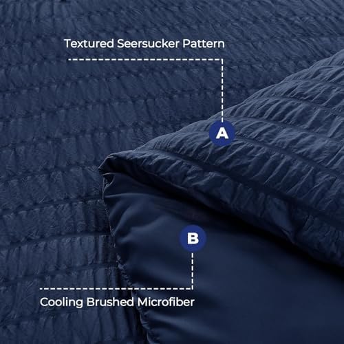 HYMOKEGE Navy Blue Oversized Queen Comforter Set Seersucker 7 Pieces, All Season Luxury Bed in a Bag for Bedroom, Bedding Set with Comforter, Sheets, Pillowcases & Shams
