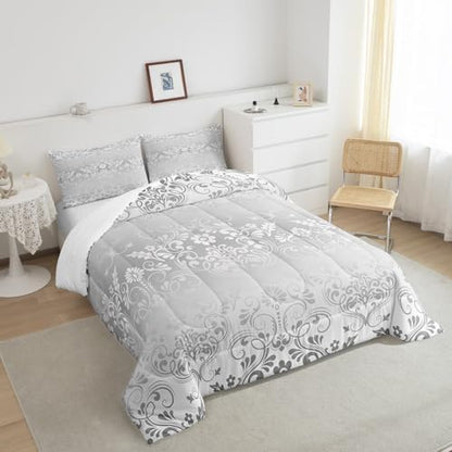 Feelyou Silver Gothic Damask Floral Comforter Set Full Size Bedding Set
