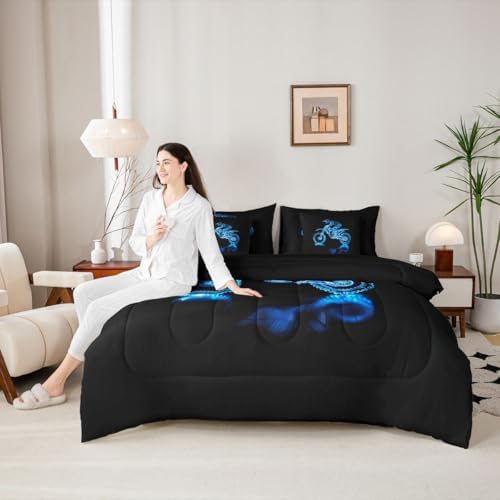 Feelyou Blue Motocross Comforter Set with Sheets 7 Piece King Size Dirt Bike Bedding Set for Kids Boys Girls Neon Rider Bed in a Bag Off-Road Racing Room Decor Motorcycle Art Soft Lightweight