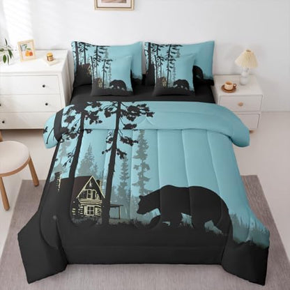 Erosebridal Rustic Cabin Twin Comforter Set with Sheets 7 Piece Woodland Hunting Bear Bed in A Bag Country Forest Western Bedding Sets for Women Men Farmhouse Wildlife Lodge Bed Set