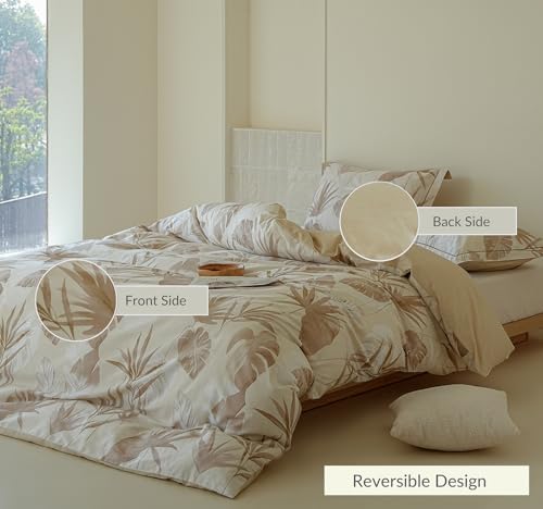 Queen Size Comforter - 100% Cotton Beige Botanical Floral Print Reversible Comforter Set, Hypoallergenic and Breathable Bedding Set for All Season, 3 Pieces, 90"x90"