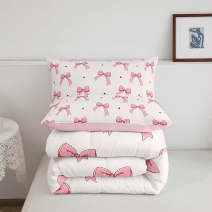 Feelyou Pink Bow Bedding Set for Kids Girls Woman Twin Size Cute Coquette