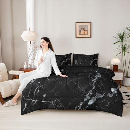 Erosebridal Black Grey Marble King Bedding Set 7 Piece Gray Marbling Crack Bed in A Bag with Sheets Simple Modern Comforter Set for Kids Adults,Aesthetics Marbling Bed Sets