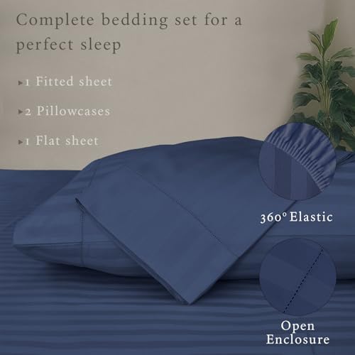 Threadmill 500TC Cotton Queen Sheet Set, Damask Stripe, Folkstone Blue