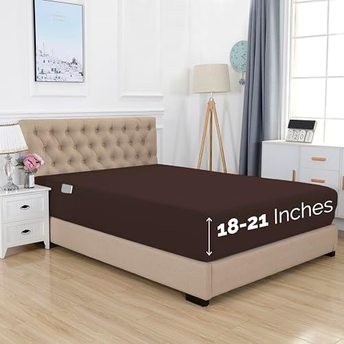 Elegant Comfort 1500 Premium Hotel Quality 18-21 Inches Deep - Extra Deep Pocket Single Fitted Sheet for High Mattress, Luxury and Softest, Smart Pocket - Wrinkle Free, Queen, Chocolate Brown
