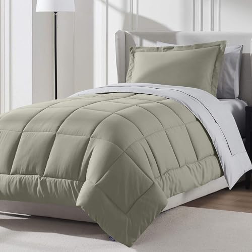 Nestl 7 Piece Twin XL Comforter Set – Light Sage Reversible Bed in a Bag – Complete Twin XL Size Bedding Set with Sheets, Set of 2 Down Alternative Pillows, Pillowcase and Sham