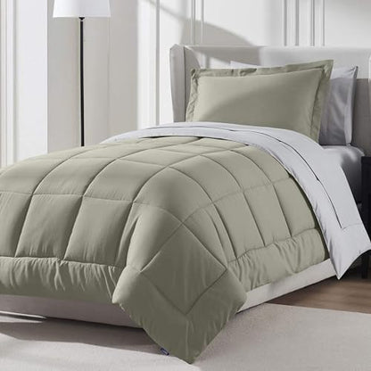 Nestl 7 Piece Twin XL Comforter Set – Light Sage Reversible Bed in a Bag – Complete Twin XL Size Bedding Set with Sheets, Set of 2 Down Alternative Pillows, Pillowcase and Sham