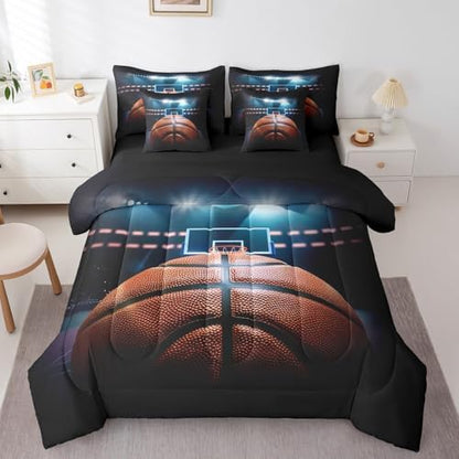 Erosebridal 3D Basketball 7 Piece Bedding Set King Size,Sports Theme Bed in a Bag,Basketball Game Bed Set Includes Comforter, Sheet Set, Pillowcases & Pillow Covers All Season Bedroom Decor