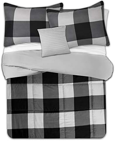 7 Piece Comforter Set Bag Solid Color All Season Soft Down Alternative Blanket & Luxurious Microfiber Bed Sheets, Queen, Buffalo Plaid Black/Gray