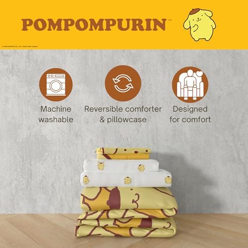 Sanrio Pompompurin Bedding Set, Queen Size 7 Piece Set Kids Super Soft Cozy Reversible Comforter and Sheet Set with Sham, (100% Officially Licensed Product) by Franco