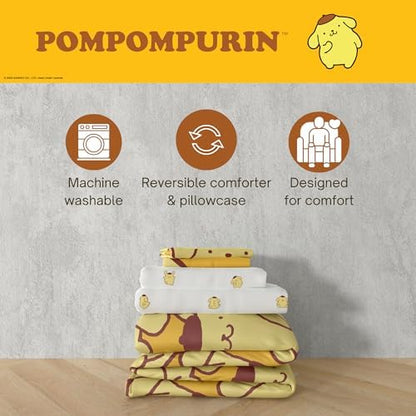 Sanrio Pompompurin Bedding Set, Queen Size 7 Piece Set Kids Super Soft Cozy Reversible Comforter and Sheet Set with Sham, (100% Officially Licensed Product) by Franco