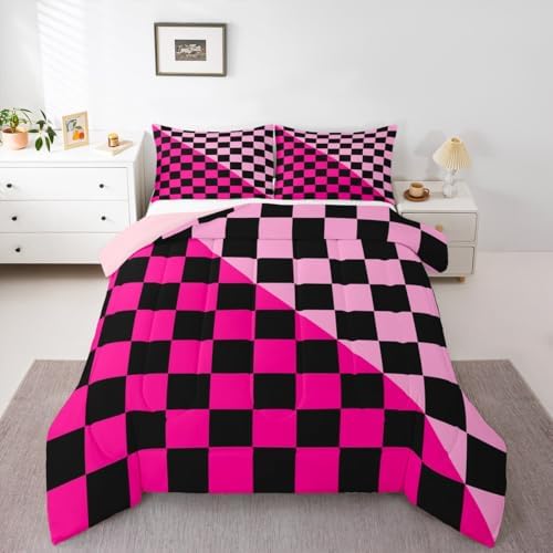 Checkered Retro Comforter Set All Season Modern Geometric Cute Bedding Set with 2 Pillow Cases Rose Pink Light Pink Kids Queen Bedclothes Vintage Simple Groovy Aesthetic Bedroom Decor Duvet Quilt
