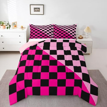Checkered Retro Comforter Set All Season Modern Geometric Cute Bedding Set with 2 Pillow Cases Rose Pink Light Pink Kids Queen Bedclothes Vintage Simple Groovy Aesthetic Bedroom Decor Duvet Quilt