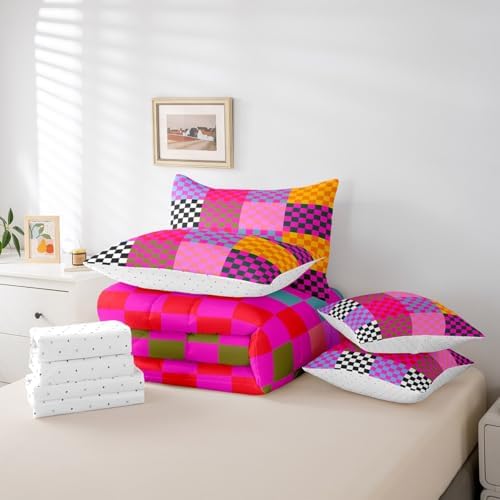 jejeloiu Colorful Plaid Comforter Set with Sheets 7 Piece Queen Size
