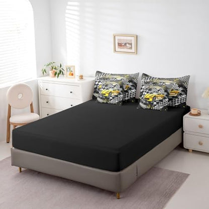 Castle Fairy Yellow Race Car Comforter Set Bed in a Bag 7 Pieces Queen,Black Yellow Grey Racing Themed Bedding Set,Cool Race Car (Comforter+Fitted+Flat Sheet+2 Pillowcases+2 Throw Pillow Covers)
