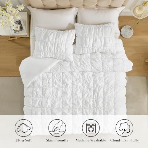 Amélie Home Queen Bubble Comforter Set, Soft, White, 3-Piece