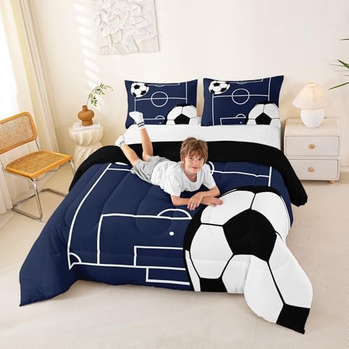 Football Boys Comforter Set Full Size Soccer Ball Pattern Bedding Set for Kids Teens,Sports Theme Down Comforter Football Court Duvet Set Gamer Room Decor White Quilt Set,Breathable Polyester