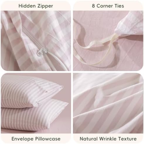 JIYUAN Full Washed Cotton Duvet Cover Set, 3-Piece, Linen-Like Stripe