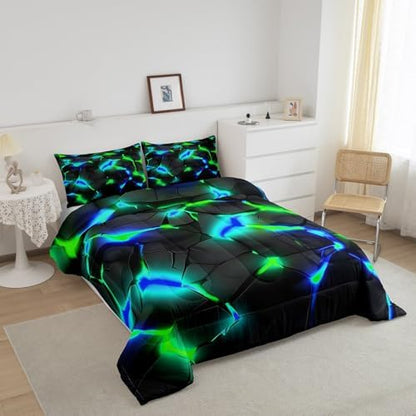 Feelyou Kids Honeycomb Bedding Set Twin Size, Blue Green Hexagonal Duvet Insert Geometrical Comforter Set Boys Girls Teens Bedroom Decor Microfiber Bed Set
