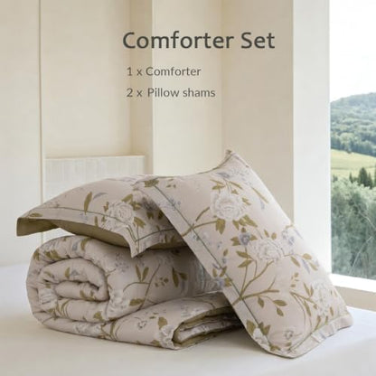 Queen Comforter Set 3 Pieces, 100% Cotton Light Grey Floral Bedding Set for All‑Season, Soft Hypoallergenic Comforter with 2 Pillow Shams